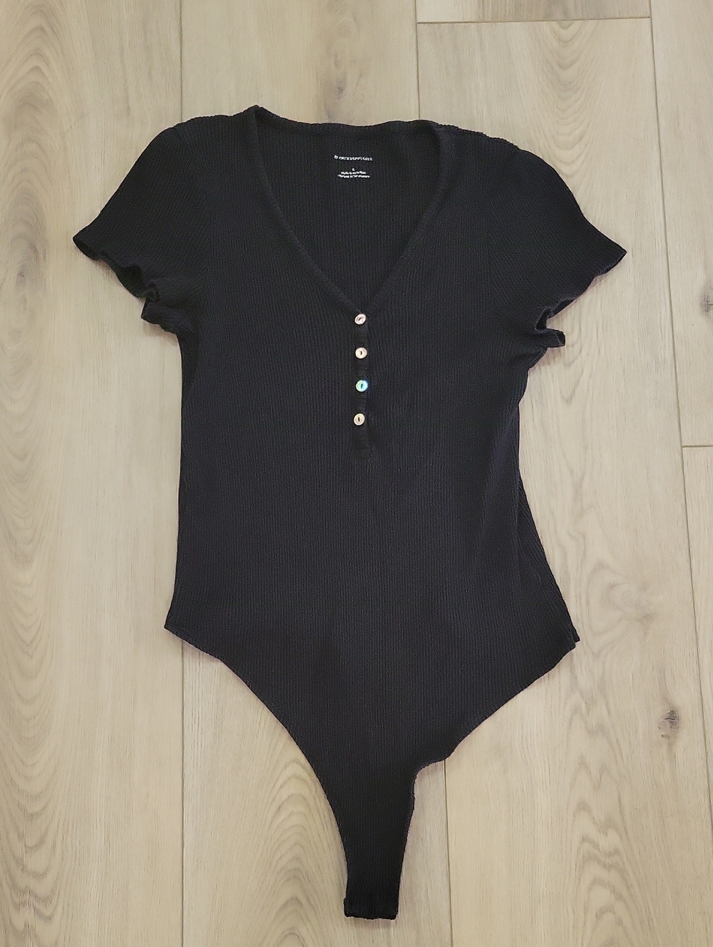 Anthropologie Black Ribbed Short Sleeve V-Neck Bodysuit